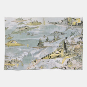 Vintage Science Fiction Futuristic Cars, Taxi Cabs Tea Towel