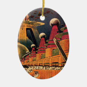 Vintage Science Fiction Futuristic City Flying Car Ceramic Tree Decoration