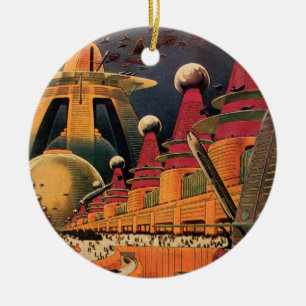 Vintage Science Fiction Futuristic City Flying Car Ceramic Tree Decoration