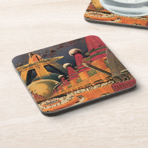 Vintage Science Fiction Futuristic City Flying Car Coaster