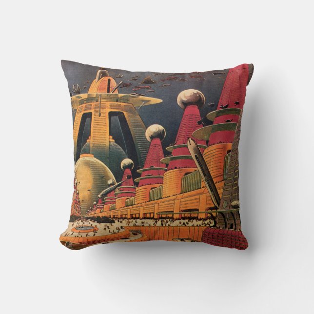 Vintage Science Fiction Futuristic City Flying Car Cushion (Front)