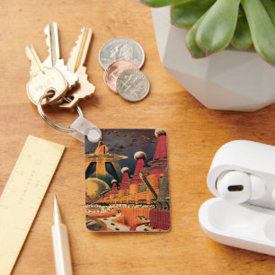 Vintage Science Fiction Futuristic City Flying Car Key Ring