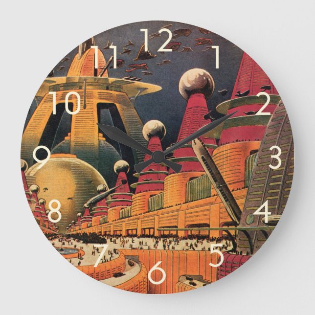 Vintage Science Fiction Futuristic City Flying Car Large Clock (Front)