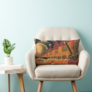 Vintage Science Fiction Futuristic City Flying Car Lumbar Cushion