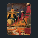 Vintage Science Fiction Futuristic City Flying Car Magnet<br><div class="desc">Vintage illustration travel and transportation science fiction image featuring a classic comic book retro sci fi urban setting with a city of the future. The architectural buildings are shaped like cones and vehicles are flying in the sky like birds while crowds of people are moving through the metropolis.</div>