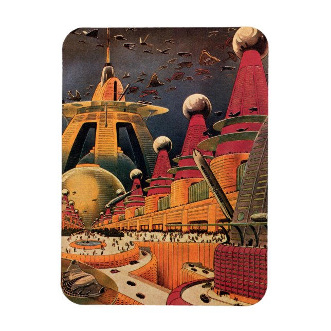Vintage Science Fiction Futuristic City Flying Car Magnet (Vertical)