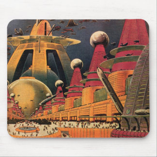 Vintage Science Fiction Futuristic City Flying Car Mouse Mat