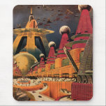 Vintage Science Fiction Futuristic City Flying Car Mouse Mat<br><div class="desc">Vintage illustration travel and transportation science fiction image featuring a classic comic book retro sci fi urban setting with a city of the future. The architectural buildings are shaped like cones and vehicles are flying in the sky like birds while crowds of people are moving through the metropolis.</div>