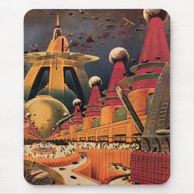 Vintage Science Fiction Futuristic City Flying Car Mouse Mat (Front)