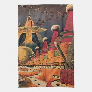 Vintage Science Fiction Futuristic City Flying Car Tea Towel