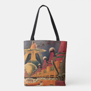 Vintage Science Fiction Futuristic City Flying Car Tote Bag