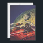 Vintage Science Fiction, Futuristic City on Moon<br><div class="desc">Vintage illustration travel and transportation science fiction image featuring a classic comic book retro sci fi outer space and planets image of astronauts or aliens travelling in a spaceship flying over a futuristic metropolis on the moon.</div>