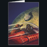 Vintage Science Fiction, Futuristic City on Moon<br><div class="desc">Vintage illustration travel and transportation science fiction image featuring a classic comic book retro sci fi outer space and planets image of astronauts or aliens travelling in a spaceship flying over a futuristic metropolis on the moon.</div>