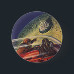 Vintage Science Fiction, Futuristic City on Moon 6 Cm Round Badge<br><div class="desc">Vintage illustration travel and transportation science fiction image featuring a classic comic book retro sci fi outer space and planets image of astronauts or aliens travelling in a spaceship flying over a futuristic metropolis on the moon.</div>