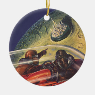 Vintage Science Fiction, Futuristic City on Moon Ceramic Tree Decoration