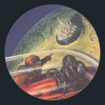 Vintage Science Fiction, Futuristic City on Moon Classic Round Sticker<br><div class="desc">Vintage illustration travel and transportation science fiction image featuring a classic comic book retro sci fi outer space and planets image of astronauts or aliens travelling in a spaceship flying over a futuristic metropolis on the moon.</div>