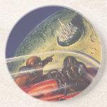 Vintage Science Fiction, Futuristic City on Moon Coaster<br><div class="desc">Vintage illustration travel and transportation science fiction image featuring a classic comic book retro sci fi outer space and planets image of astronauts or aliens traveling in a spaceship flying over a futuristic metropolis on the moon.</div>