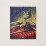 Vintage Science Fiction, Futuristic City on Moon Jigsaw Puzzle<br><div class="desc">Vintage illustration travel and transportation science fiction image featuring a classic comic book retro sci fi outer space and planets image of astronauts or aliens travelling in a spaceship flying over a futuristic metropolis on the moon.</div>