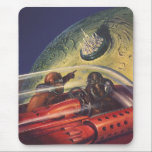 Vintage Science Fiction, Futuristic City on Moon Mouse Mat<br><div class="desc">Vintage illustration travel and transportation science fiction image featuring a classic comic book retro sci fi outer space and planets image of astronauts or aliens travelling in a spaceship flying over a futuristic metropolis on the moon.</div>