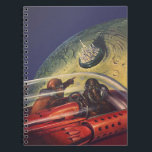Vintage Science Fiction, Futuristic City on Moon Notebook<br><div class="desc">Vintage illustration travel and transportation science fiction image featuring a classic comic book retro sci fi outer space and planets image of astronauts or aliens travelling in a spaceship flying over a futuristic metropolis on the moon.</div>