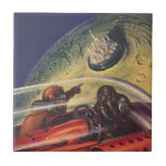 Vintage Science Fiction, Futuristic City on Moon Tile<br><div class="desc">Vintage illustration travel and transportation science fiction image featuring a classic comic book retro sci fi outer space and planets image of astronauts or aliens travelling in a spaceship flying over a futuristic metropolis on the moon.</div>