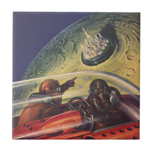 Vintage Science Fiction, Futuristic City on Moon Tile