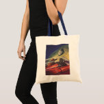 Vintage Science Fiction, Futuristic City on Moon Tote Bag<br><div class="desc">Vintage illustration travel and transportation science fiction image featuring a classic comic book retro sci fi outer space and planets image of astronauts or aliens travelling in a spaceship flying over a futuristic metropolis on the moon.</div>