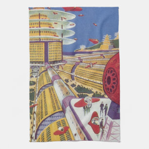 Vintage Science Fiction, Futuristic New York City Tea Towel