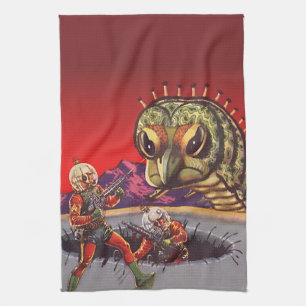 Vintage Science Fiction Giant Centipede Insect War Tea Towel