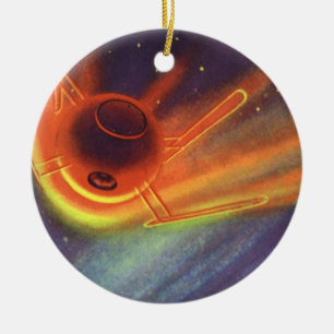 Vintage Science Fiction, Glowing Rocket in Space Ceramic Tree Decoration