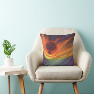 Vintage Science Fiction, Glowing Rocket in Space Cushion