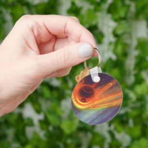 Vintage Science Fiction, Glowing Rocket in Space Key Ring