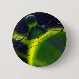 Vintage Science Fiction Green Planet w Spaceship 6 Cm Round Badge