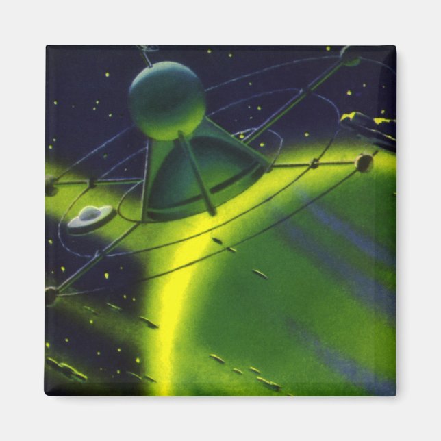 Vintage Science Fiction Green Planet w Spaceship Magnet (Front)