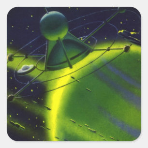 Vintage Science Fiction Green Planet w Spaceship Square Sticker