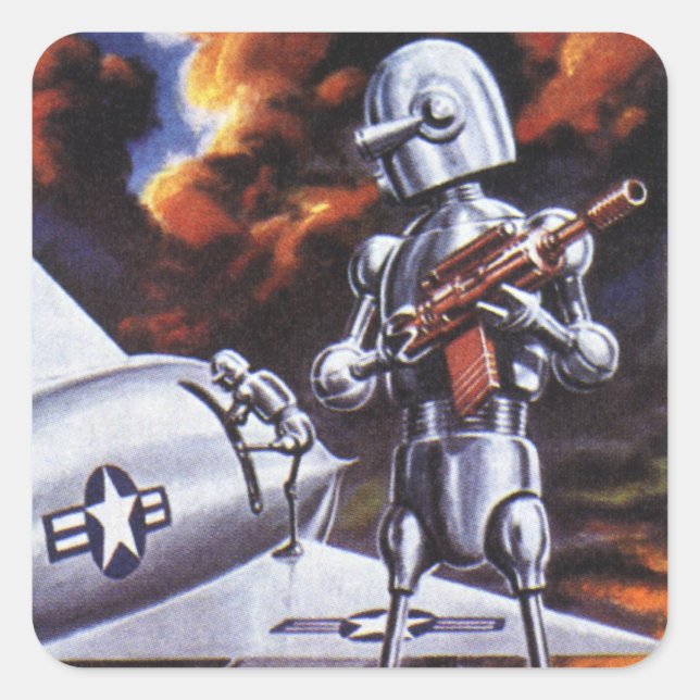 Vintage Science Fiction Military Robot Soldiers Square Sticker (Front)