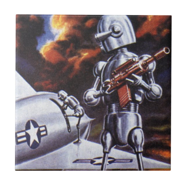 Vintage Science Fiction Military Robot Soldiers Tile (Front)