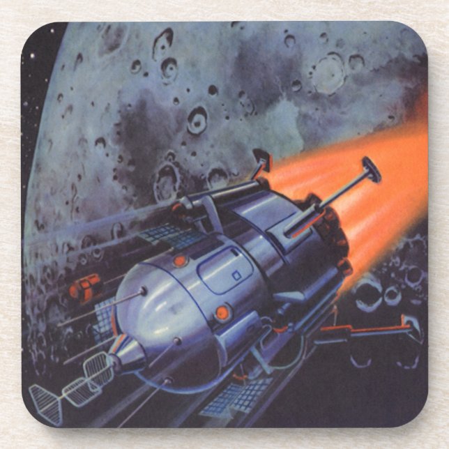 Vintage Science Fiction, Moon Rocket Blasting Off Coaster (Front)