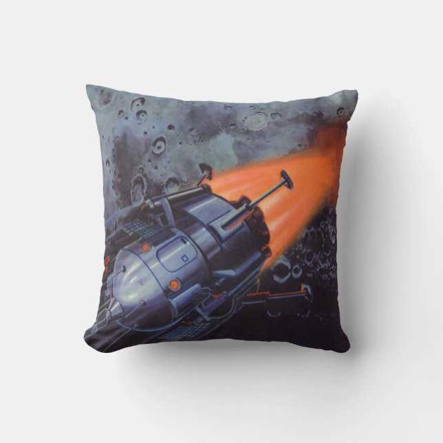 Vintage Science Fiction, Moon Rocket Blasting Off Cushion (Front)