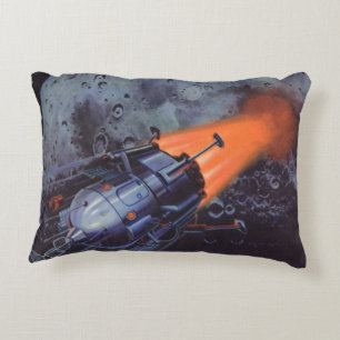 Vintage Science Fiction, Moon Rocket Blasting Off Decorative Cushion