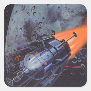 Vintage Science Fiction, Moon Rocket Blasting Off Square Sticker