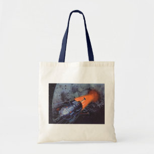 Vintage Science Fiction, Moon Rocket Blasting Off Tote Bag
