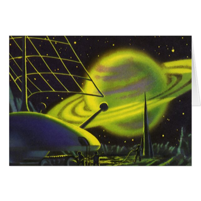 Vintage Science Fiction Neon Green Planet w Rings (Front Horizontal)