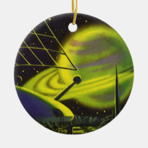 Vintage Science Fiction Neon Green Planet w Rings Ceramic Tree Decoration