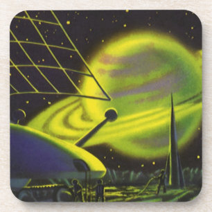 Vintage Science Fiction Neon Green Planet w Rings Coaster