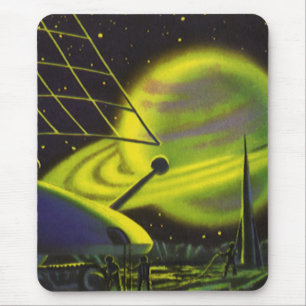 Vintage Science Fiction Neon Green Planet w Rings Mouse Mat