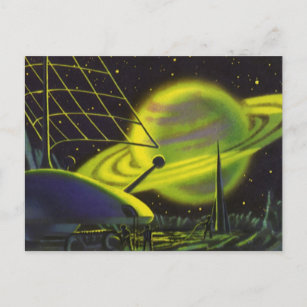 Vintage Science Fiction Neon Green Planet w Rings Postcard