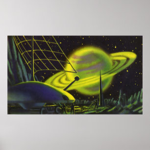 Vintage Science Fiction Neon Green Planet w Rings Poster