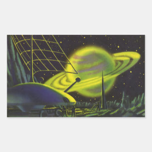 Vintage Science Fiction Neon Green Planet w Rings Rectangular Sticker
