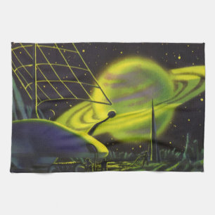 Vintage Science Fiction Neon Green Planet w Rings Tea Towel